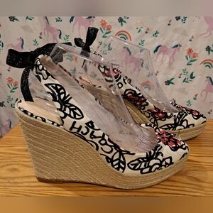 EUC Y2K Coach Poppy Maritza White Floral Jute Summer Boho Heel Wedge Shoe SZ 9B